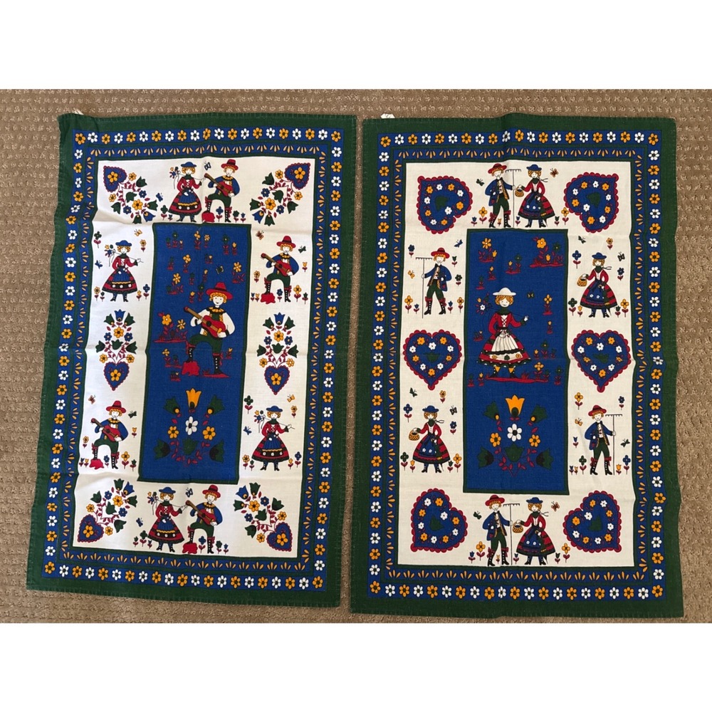 Vintage SEIT Italian Folk Art Cotton Tea Towels Set of 2 Alpine Bavarian Green